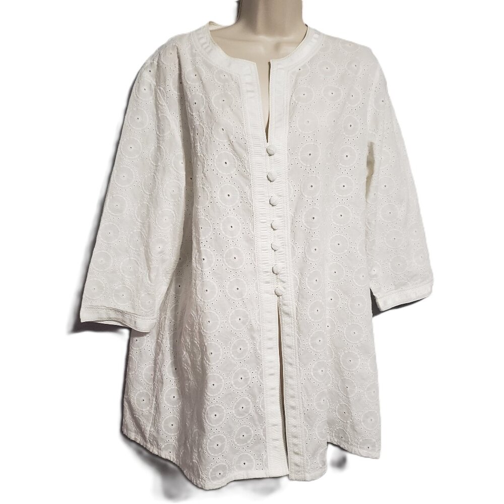 Eyelet Lace Button Up Blouse Chico's Sz 3 XL Boho Cotton Lightweight Embroidered